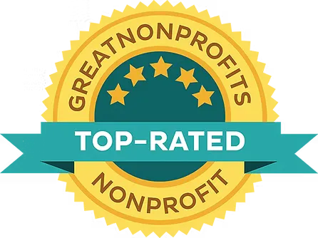 Gold seal badge with teal banner reading 'TOP-RATED' for Great Nonprofits award, featuring stars and decorative scalloped edges.