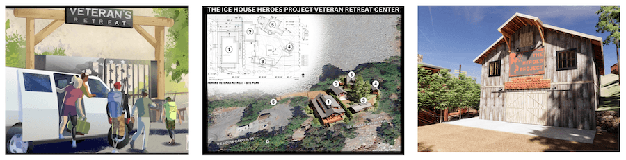 Three panel composite image showing veterans retreat center: left panel depicts people at a shelter entrance, center shows aerial site plan with numbered locations, right panel displays a weathered wooden structure with vegetation.