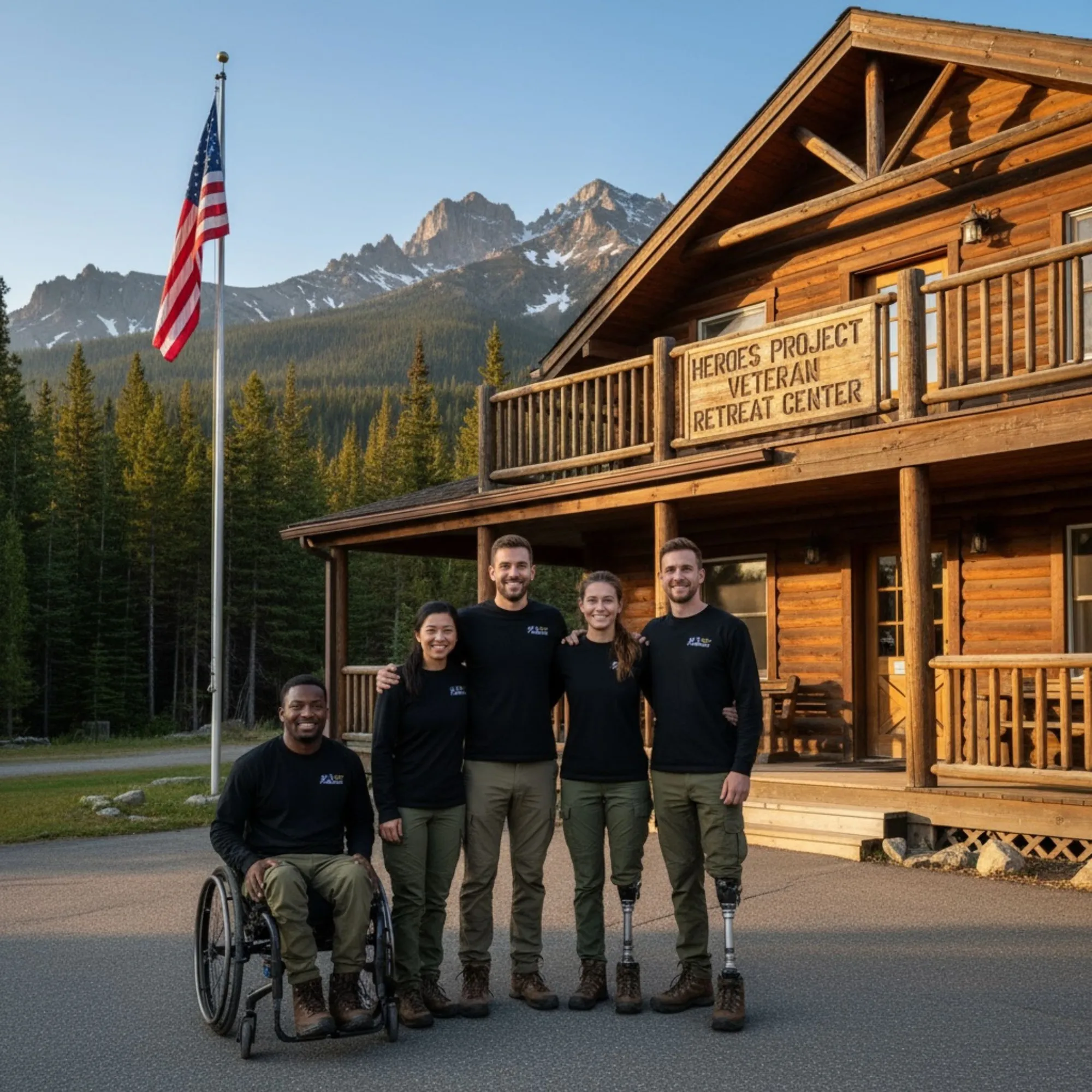 Five staff members in black shirts standing in front of a wooden log building labeled 'Heroes Project Veteran Retreat Center' with an American flag, mountains, and forest in the background.