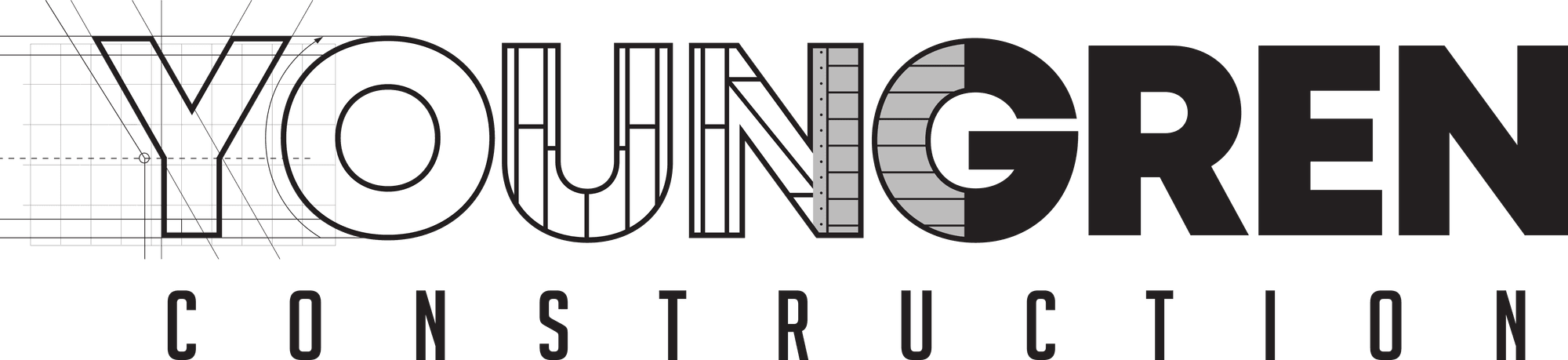 Youngren Construction logo with bold typography, featuring geometric construction-style line patterns within letters, displayed in black and white with grid background elements.
